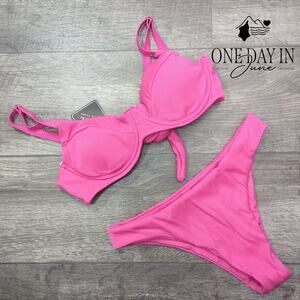 Zaful Hot Pink Ribbed Underwire Bikini Set